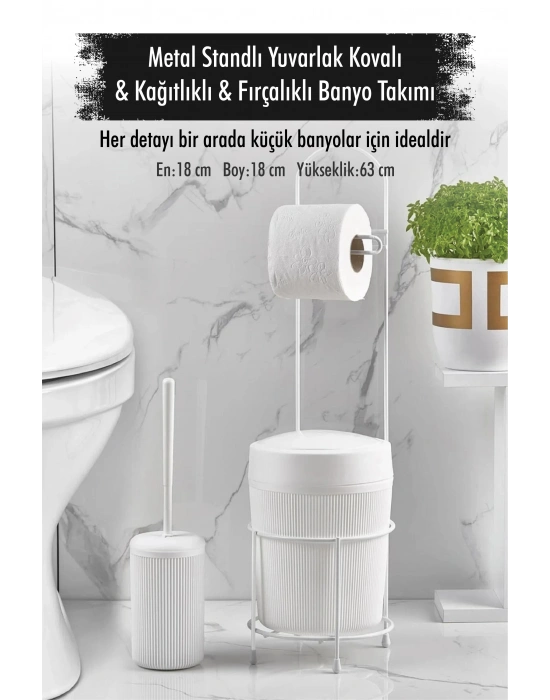 Metal Standlı Yuvarlak Kovalı & Kağıtlıklı & Fırçalıklı Beyaz Banyo Takımı