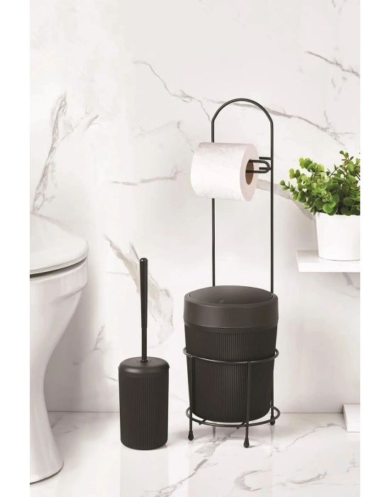 Metal Standlı Yuvarlak Kovalı & Kağıtlıklı & Fırçalıklı Siyah Banyo Takımı