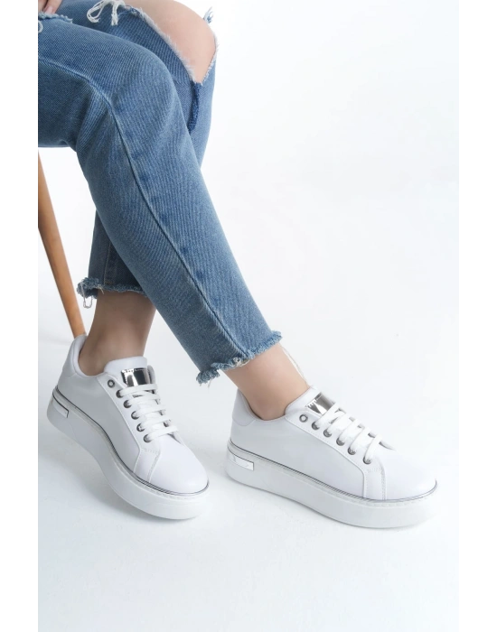 MINA Bağcıklı Ortopedik Taban Kadın Sneaker Spor Ayakkabı  CBT - Beyaz/Gümüş