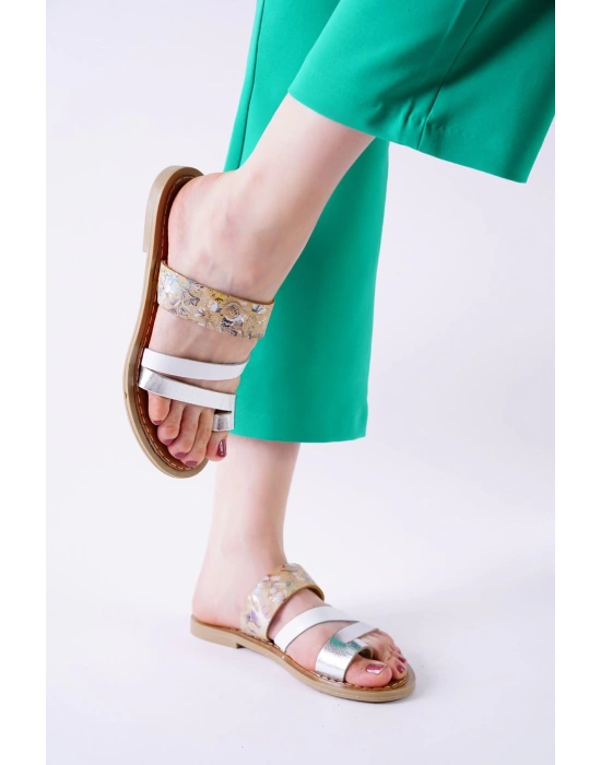 Minne Beyaz Şeritli Cilt Kadın Terlik