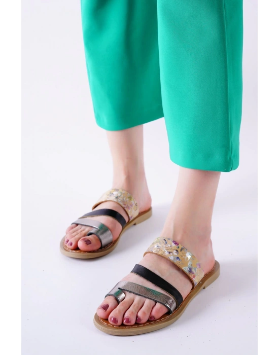 Minne Siyah Şeritli Cilt Kadın Terlik