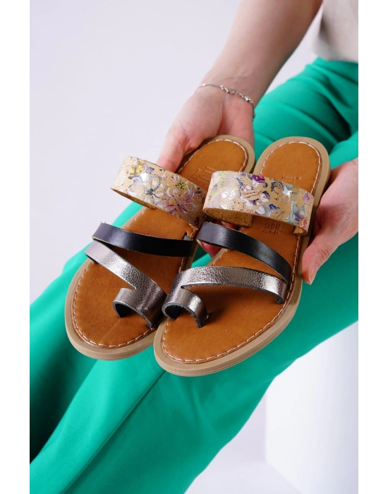 Minne Siyah Şeritli Cilt Kadın Terlik