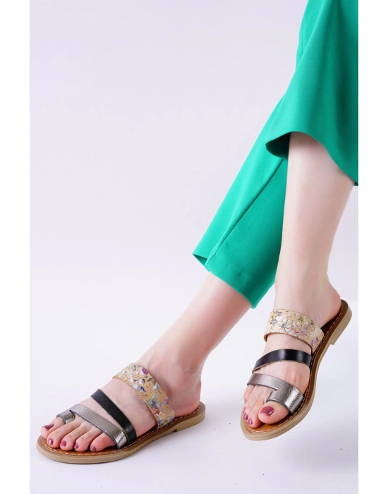 Minne Siyah Şeritli Cilt Kadın Terlik