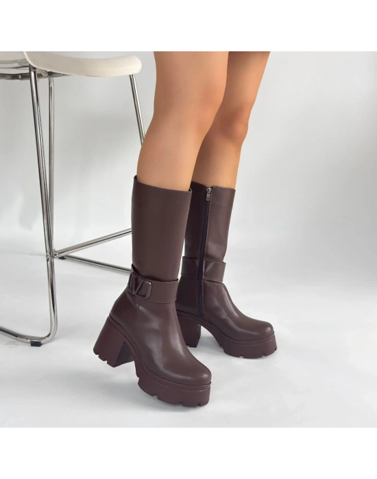 Moki Kahverengi Cilt Topuklu Çizme