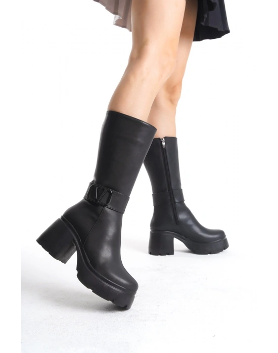 Moki Siyah Cilt Topuklu Çizme