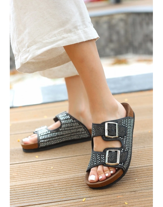 Monte Siyah Nubuk Boncuk İşlemeli Kadın Terlik