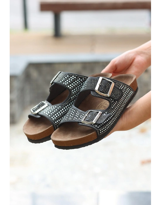 Monte Siyah Nubuk Boncuk İşlemeli Kadın Terlik