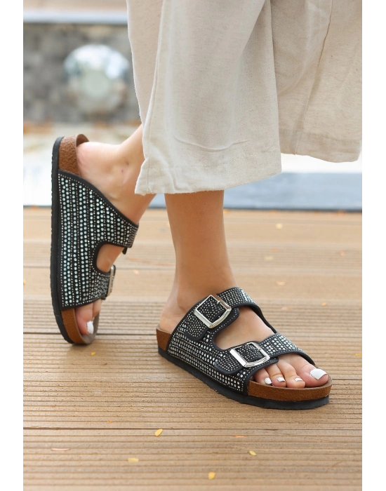 Monte Siyah Nubuk Boncuk İşlemeli Kadın Terlik