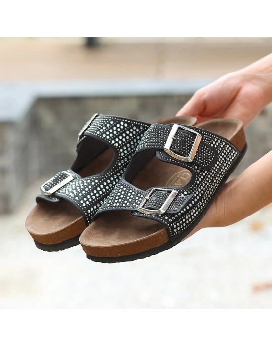 Monte Siyah Nubuk Boncuk İşlemeli Kadın Terlik