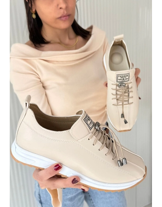 Monya Bej Cilt Bağcıklı Kadın Spor Ayakkabı