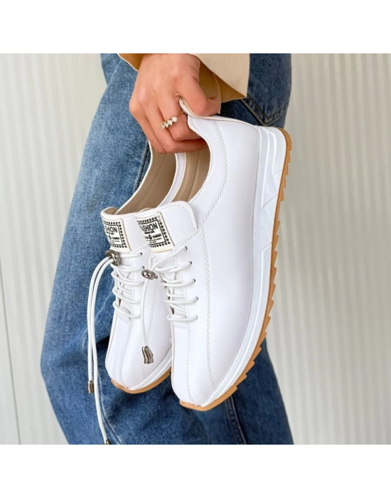 Monya Beyaz Cilt Bağcıklı Kadın Spor Ayakkabı