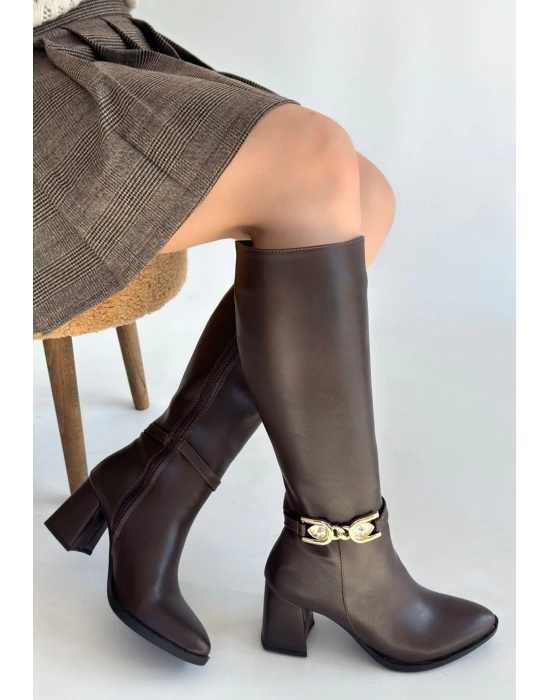 Mooni Kahverengi Cilt Topuklu Çizme
