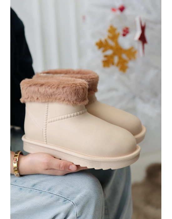 Mordi Bej Oval Burunlu Su Geçirmez İçi Kürklü Kadın Bot