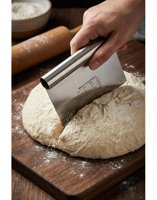 Paslanmaz Çelik Ölçü Rehberli Hamur Kesici & Hamur Şekillendirici Spatula (11x14 cm)