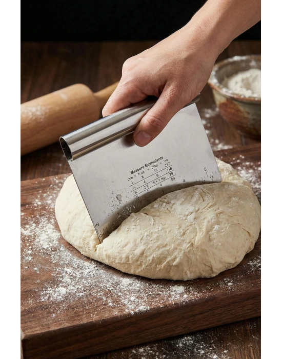 Paslanmaz Çelik Ölçü Rehberli Hamur Kesici & Hamur Şekillendirici Spatula (11x14 cm)
