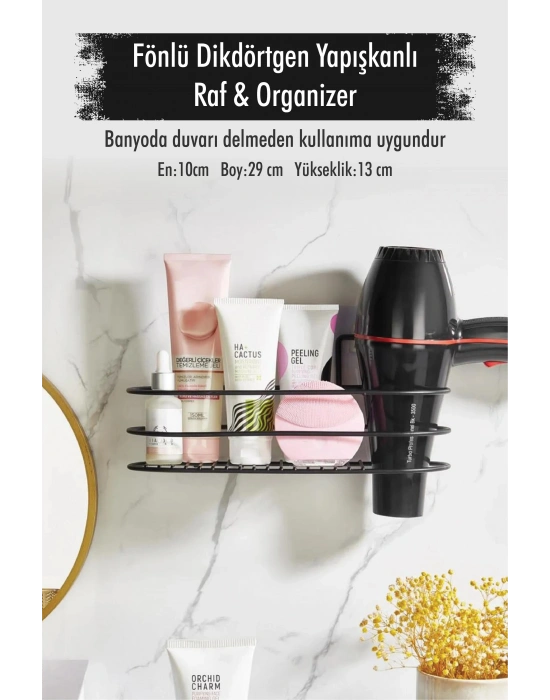 Paslanmaz Çelik Yapışkanlı Fönlü Duvar Rafı & Organizer & Banyo Duş Askısı