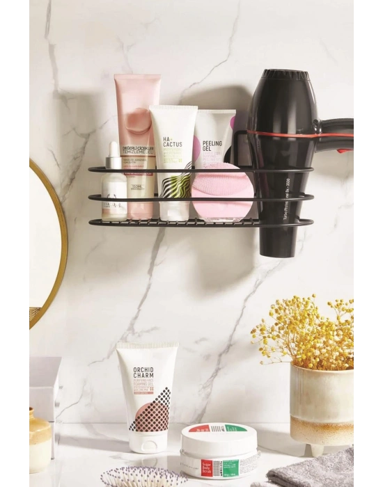 Paslanmaz Çelik Yapışkanlı Fönlü Duvar Rafı & Organizer & Banyo Duş Askısı