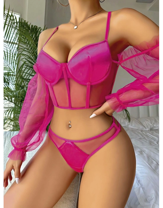 Pembe Kolları Tül Detaylı .Jartiyer Fantezi Takım 2020