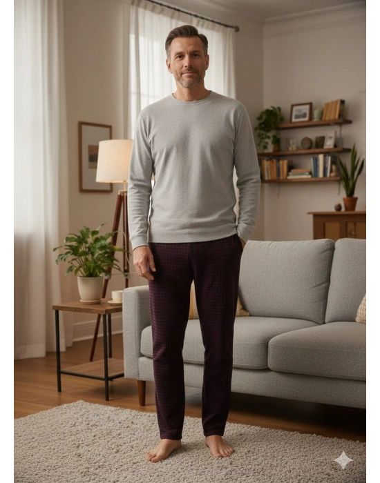 Pijalüx Tek Alt Cepli Örme Ekose Ev Pantolonu