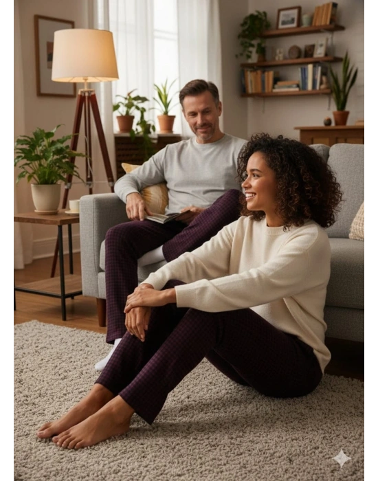 Pijalüx Tek Alt Cepli Örme Ekose Ev Pantolonu