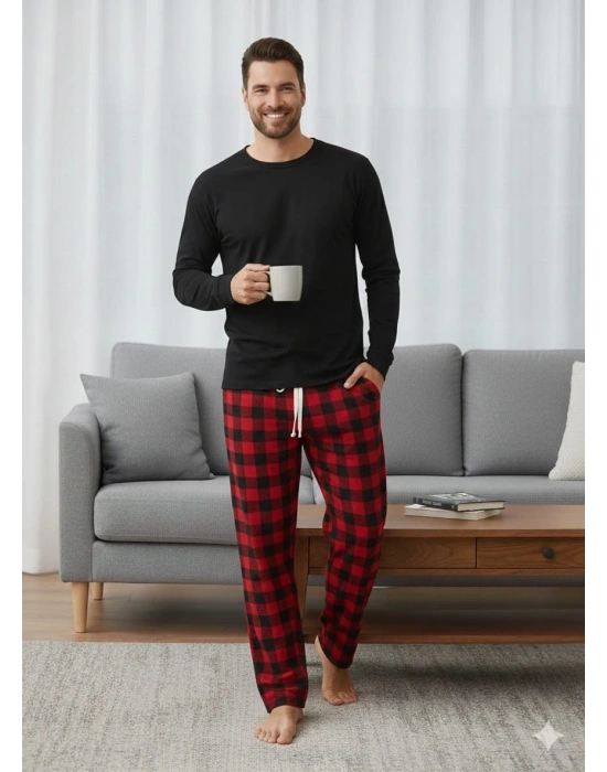 Pijalüx Tek Alt Ekose Kalın Poplin Kışlık Ev Pantalonu