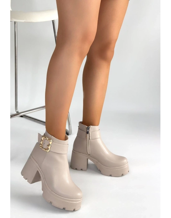 Pinma Bej Cilt Topuklu Bot