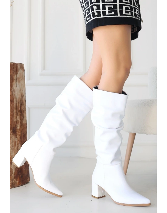 Pitay Beyaz Cilt Topuklu Çizme