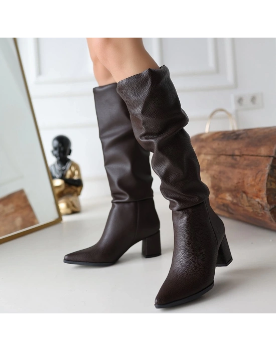 Pitay Kahverengi Cilt Topuklu Kadın Çizme