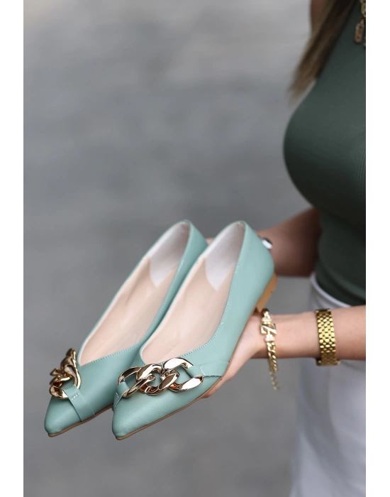 Popi Mint Yeşili Cilt Zincirli Ayakkabı Kadın Babet