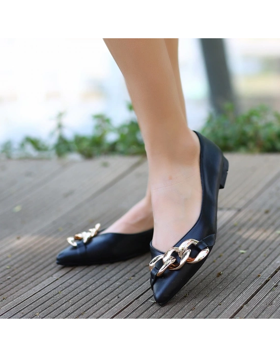 Popi Siyah Cilt Zincirli Ayakkabı Kadın Babet