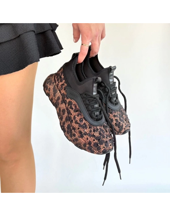 Rimay Kahverengi Cilt Boncuk İşlemeli Spor Ayakkabı