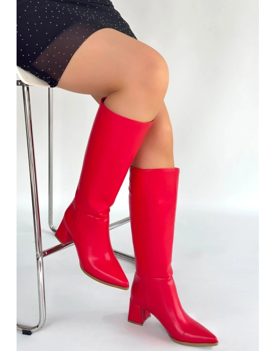 Roksa Kırmızı Cilt Topuklu Çizme