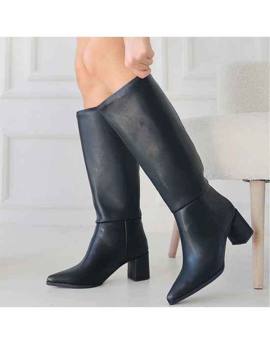 Roksa Siyah Cilt Topuklu Kadın Çizme