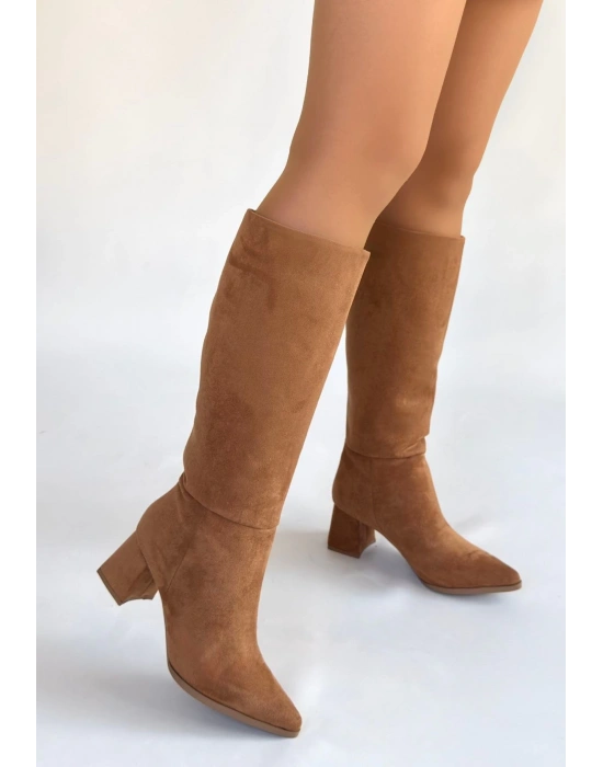 Roksa Taba Süet Topuklu Çizme