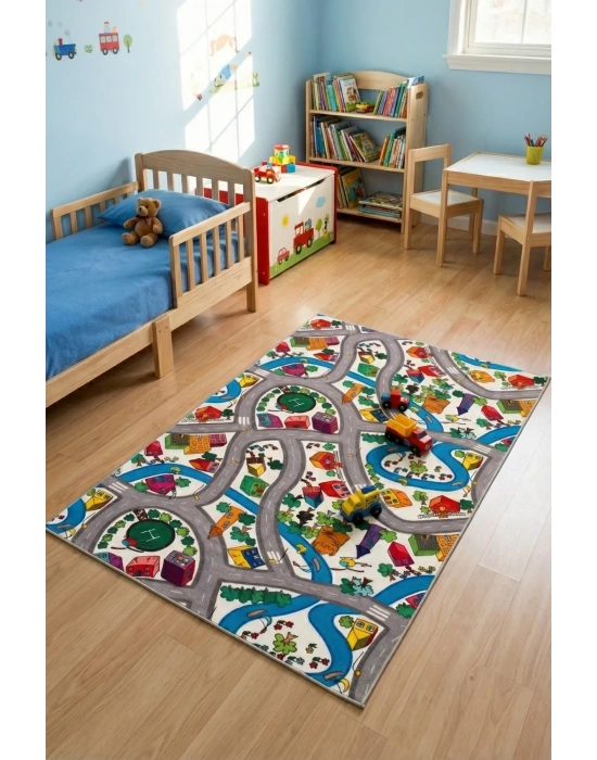 RugKids Halı -Trafik Desenli -Silinebilir-Kolay Temizlenir- Kaymaz Tabanlı - Özel Ölçü