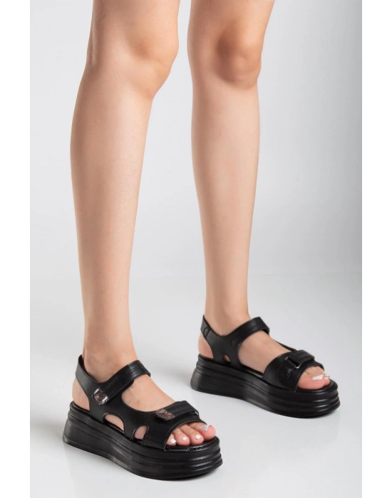 Saide Siyah Cilt Cırt Cırtlı Kadın Sandalet