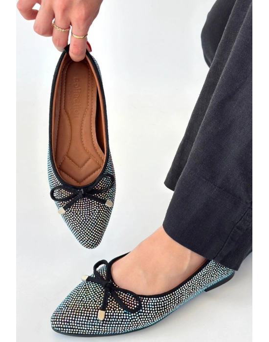 Sarra Siyah Saten İşlemeli Babet Ayakkabı