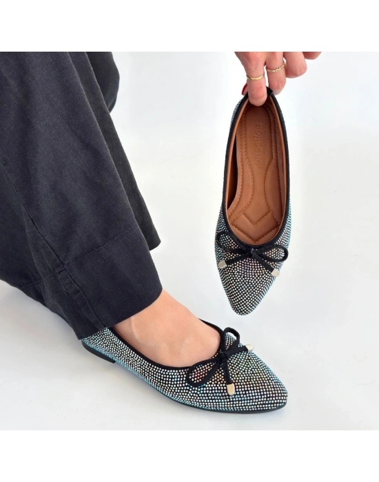 Sarra Siyah Saten İşlemeli Babet Ayakkabı