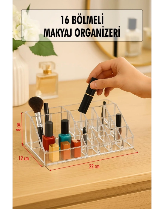 Şeffaf 16 Bölmeli Makyaj Organizeri Düzenleyici 12×22×8 cm