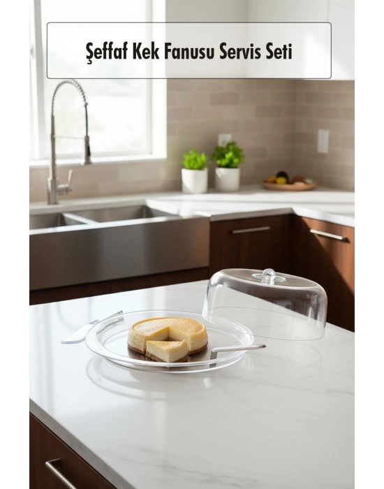 Şeffaf Akrilik Kek Fanusu ve Servis Seti – 33 x 39 x 14 cm (4 Parça)