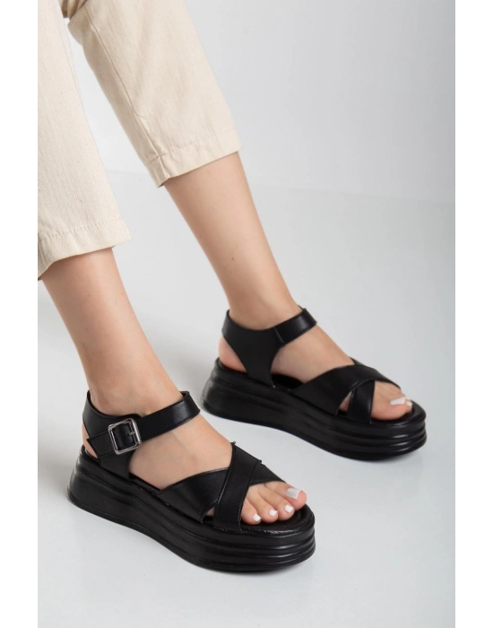 Sibna Siyah Cilt Kemerli Kadın Sandalet