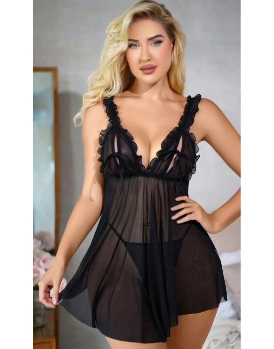 Siyah Kadın Fantezi Gecelik Tül Askı ve Göğüs Fırfır Detaylı 2110
