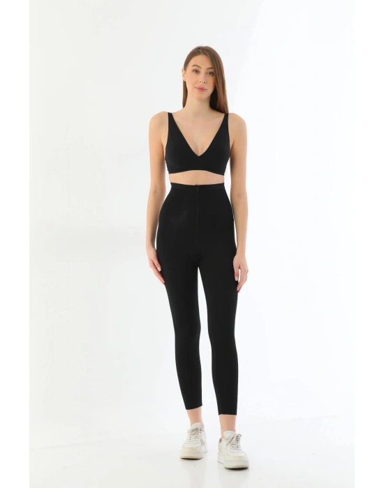 SİYAH MI 2711 Lazer Kesim Fermuarlı Uzun Tayt