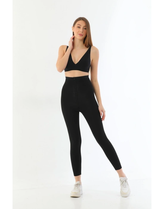 SİYAH MI 2711 Lazer Kesim Fermuarlı Uzun Tayt