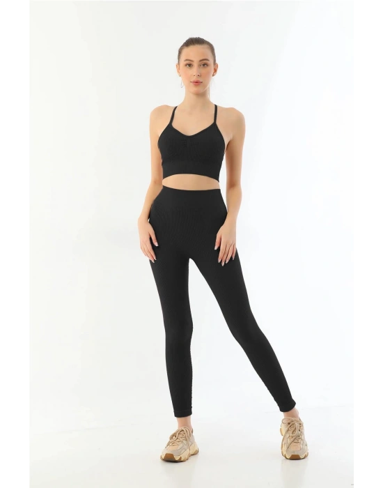 SİYAH MI Emay 3921 Soft Seamless Ripli Tayt Yoga Takımı