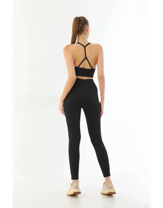 SİYAH MI Emay 3921 Soft Seamless Ripli Tayt Yoga Takımı