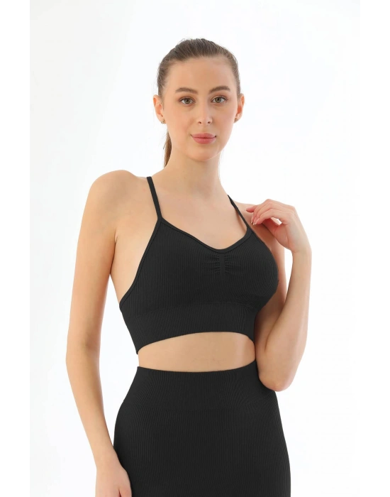 SİYAH MI Emay 3921 Soft Seamless Ripli Tayt Yoga Takımı