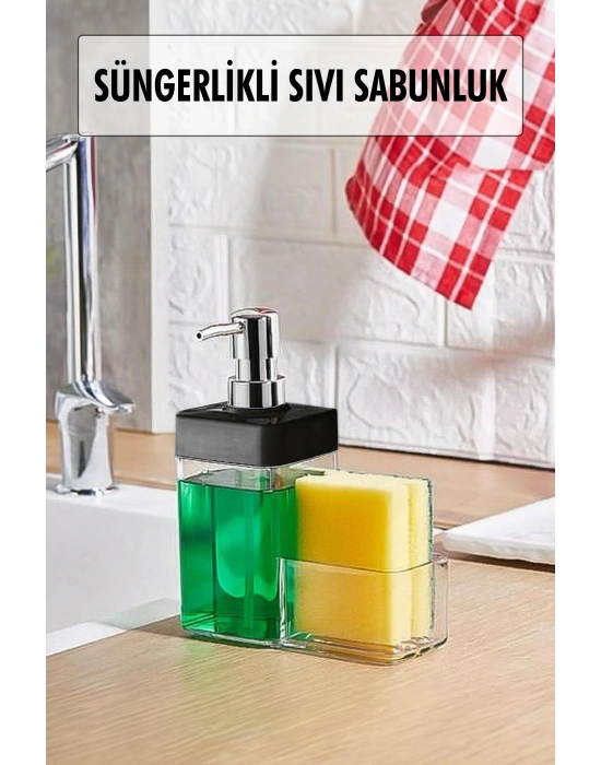 Siyah Renkli Sıvı Sabunluk Süngerlik Hazneli 450 ml