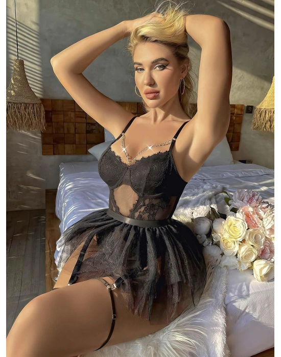 Siyah Tül Etekli Jartiyer Fantezi Takım 2032