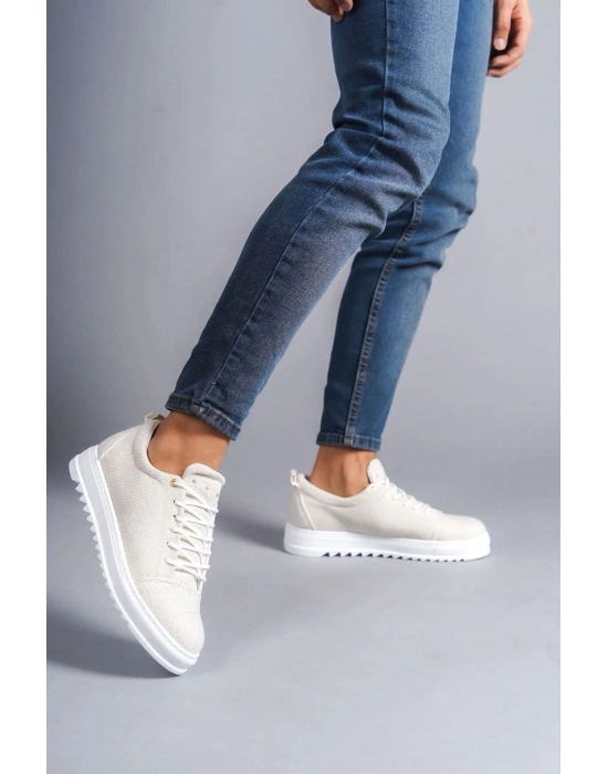 SLW152 Cool Bağcıklı Keten Erkek Günlük Spor Klasik Ayakkabı KBT - Beyaz